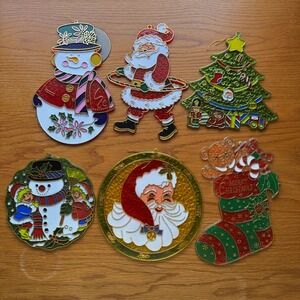 Vintage Christmas Window Ornaments Lot 6 Santa Snowman Tree Stocking Decorations